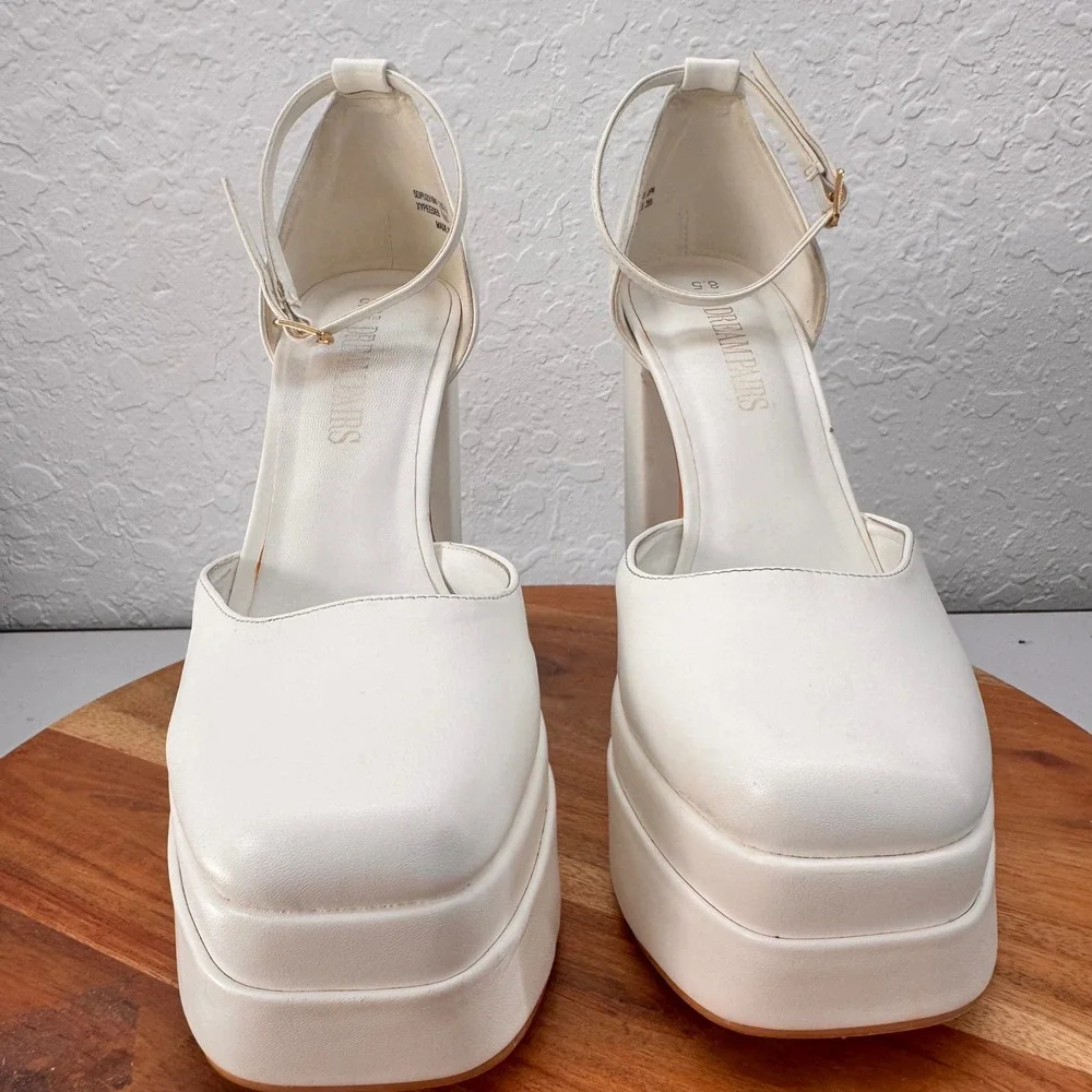 Dream Pairs White Double Platform Chunky Block Heel Square Toe Pumps Size 8.5